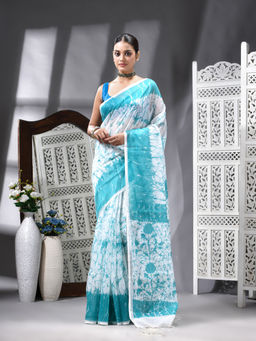 Angoshobha - Cotton Blend Printed Handloom Blue Saree with Unstitched Blouse