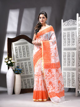 Angoshobha - Cotton Blend Printed Handloom Orange Saree with Unstitched Blouse