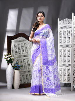 Angoshobha - Cotton Blend Printed Handloom Blue Saree with Unstitched Blouse