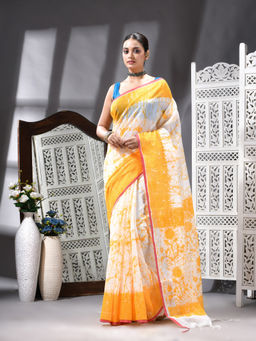 Angoshobha - Cotton Blend Printed Handloom Yellow Saree with Unstitched Blouse