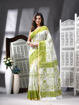 Angoshobha - Cotton Blend Printed Handloom Green Saree with Unstitched Blouse