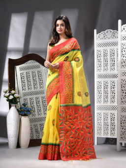 Angoshobha - Cotton Blend Printed Handloom Yellow Saree with Unstitched Blouse