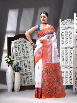 Angoshobha - Cotton Blend Printed Handloom White Saree with Unstitched Blouse