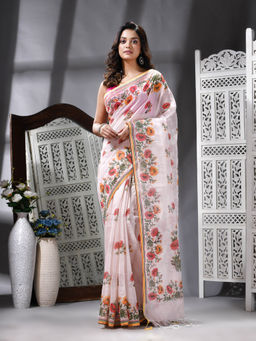 Angoshobha - Cotton Blend Printed Handloom Beige Saree with Unstitched Blouse