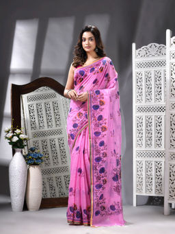 Angoshobha - Cotton Blend Printed Handloom Pink Saree with Unstitched Blouse