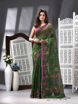 Angoshobha - Cotton Blend Printed Handloom Green Saree with Unstitched Blouse