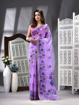 Angoshobha - Cotton Blend Printed Handloom Purple Saree with Unstitched Blouse