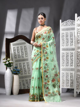 Angoshobha - Cotton Blend Printed Handloom Green Saree with Unstitched Blouse