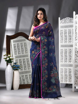 Angoshobha - Cotton Blend Printed Handloom Blue Saree with Unstitched Blouse