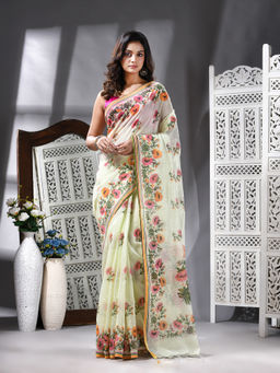 Angoshobha - Cotton Blend Printed Handloom Green Saree with Unstitched Blouse