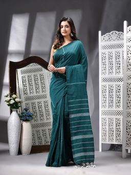 Angoshobha - Cotton Blend Handloom Green Saree with Unstitched Blouse
