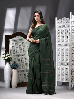 Angoshobha - Cotton Blend Handloom Green Saree with Unstitched Blouse