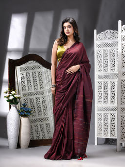 Angoshobha - Cotton Blend Handloom Maroon Saree with Unstitched Blouse