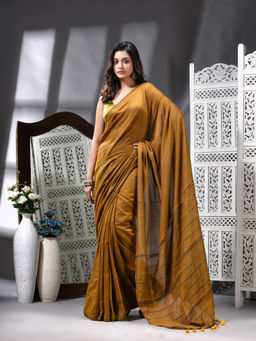 Angoshobha - Cotton Blend Handloom Mustard Saree with Unstitched Blouse