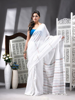 Angoshobha - Cotton Blend Handloom White Saree with Unstitched Blouse