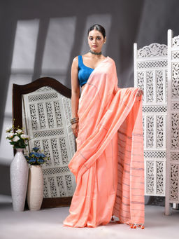 Angoshobha - Cotton Blend Handloom Peach Saree with Unstitched Blouse