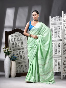 Angoshobha - Cotton Blend Handloom Green Saree with Unstitched Blouse