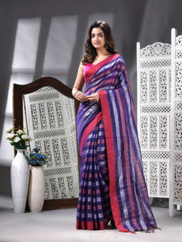 Angoshobha - Cotton Blend Handloom Blue Saree with Unstitched Blouse