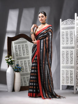 Angoshobha - Cotton Blend Handloom Black Saree with Unstitched Blouse