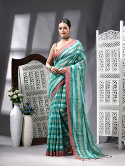 Angoshobha - Cotton Blend Handloom Green Saree with Unstitched Blouse