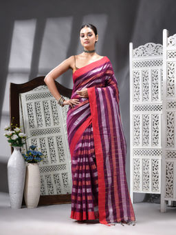 Angoshobha - Cotton Blend Handloom Purple Saree with Unstitched Blouse
