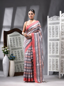 Angoshobha - Cotton Blend Handloom Grey Saree with Unstitched Blouse