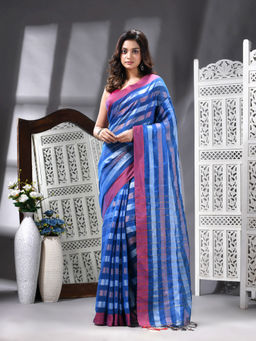 Angoshobha - Cotton Blend Handloom Blue Saree with Unstitched Blouse
