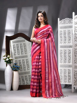 Angoshobha - Cotton Blend Handloom Pink Saree with Unstitched Blouse