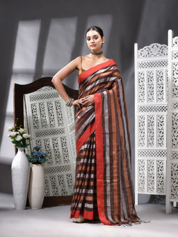 Angoshobha - Cotton Blend Handloom Brown Saree with Unstitched Blouse