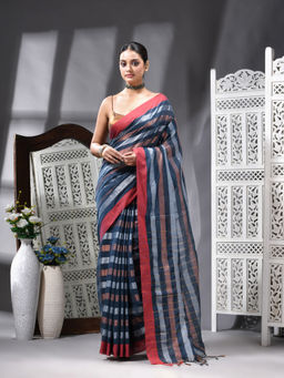 Angoshobha - Cotton Blend Handloom Blue Saree with Unstitched Blouse