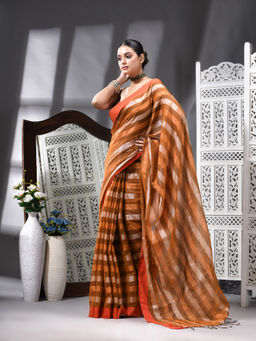 Angoshobha - Cotton Blend Handloom Orange Saree with Unstitched Blouse
