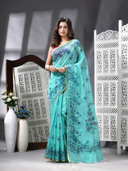 Angoshobha - Cotton Blend Flower Printed Handloom Blue Saree with Unstitched Blouse