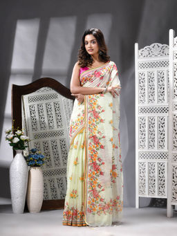 Angoshobha - Cotton Blend Flower Printed Handloom Green Saree with Unstitched Blouse