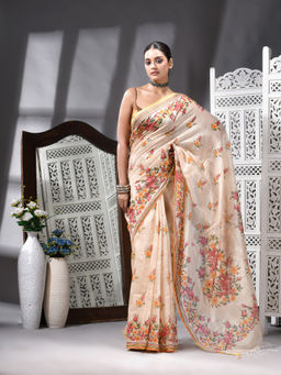 Angoshobha - Cotton Blend Flower Printed Handloom Beige Saree with Unstitched Blouse