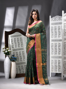 Angoshobha - Cotton Blend Kantha Stitch Printed Handloom Green Saree with Unstitched Blouse