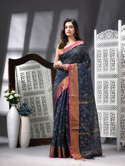 Angoshobha - Cotton Blend Kantha Stitch Printed Handloom Navy Blue Saree with Unstitched Blouse