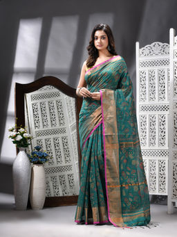 Angoshobha - Cotton Blend Kantha Stitch Printed Handloom Green Saree with Unstitched Blouse