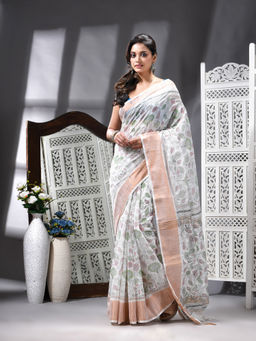 Angoshobha - Cotton Blend Kantha Stitch Printed Handloom White Saree with Unstitched Blouse