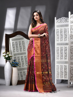 Angoshobha - Cotton Blend Kantha Stitch Printed Handloom Maroon Saree with Unstitched Blouse