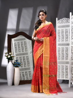 Angoshobha - Cotton Blend Kantha Stitch Printed Handloom Red Saree with Unstitched Blouse