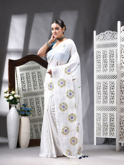 Angoshobha - Cotton Blend Embroidery Handloom White Saree with Unstitched Blouse