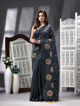 Angoshobha - Cotton Blend Embroidery Handloom Grey Saree with Unstitched Blouse