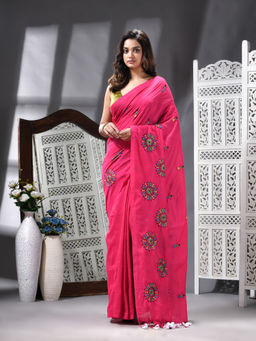 Angoshobha - Cotton Blend Embroidery Handloom Magenta Saree with Unstitched Blouse