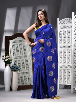 Angoshobha - Cotton Blend Embroidery Handloom Blue Saree with Unstitched Blouse