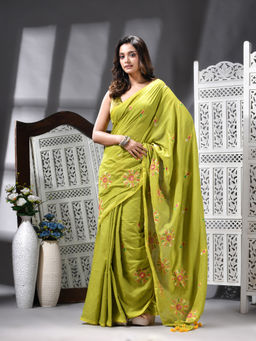Angoshobha - Cotton Blend Embroidery Handloom Green Saree with Unstitched Blouse