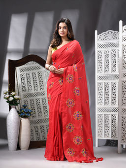 Angoshobha - Cotton Blend Embroidery Handloom Red Saree with Unstitched Blouse