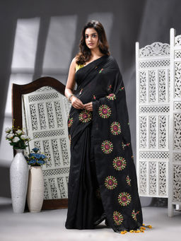 Angoshobha - Cotton Blend Embroidery Handloom Black Saree with Unstitched Blouse