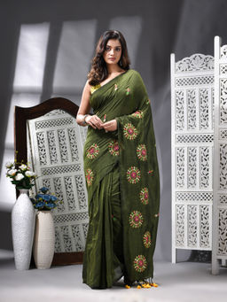 Angoshobha - Cotton Blend Embroidery Handloom Green Saree with Unstitched Blouse