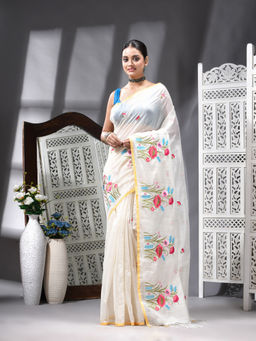 Angoshobha - Cotton Blend Embroidery Handloom Off White Saree with Unstitched Blouse