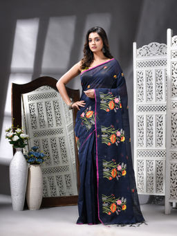 Angoshobha - Cotton Blend Embroidery Handloom Blue Saree with Unstitched Blouse